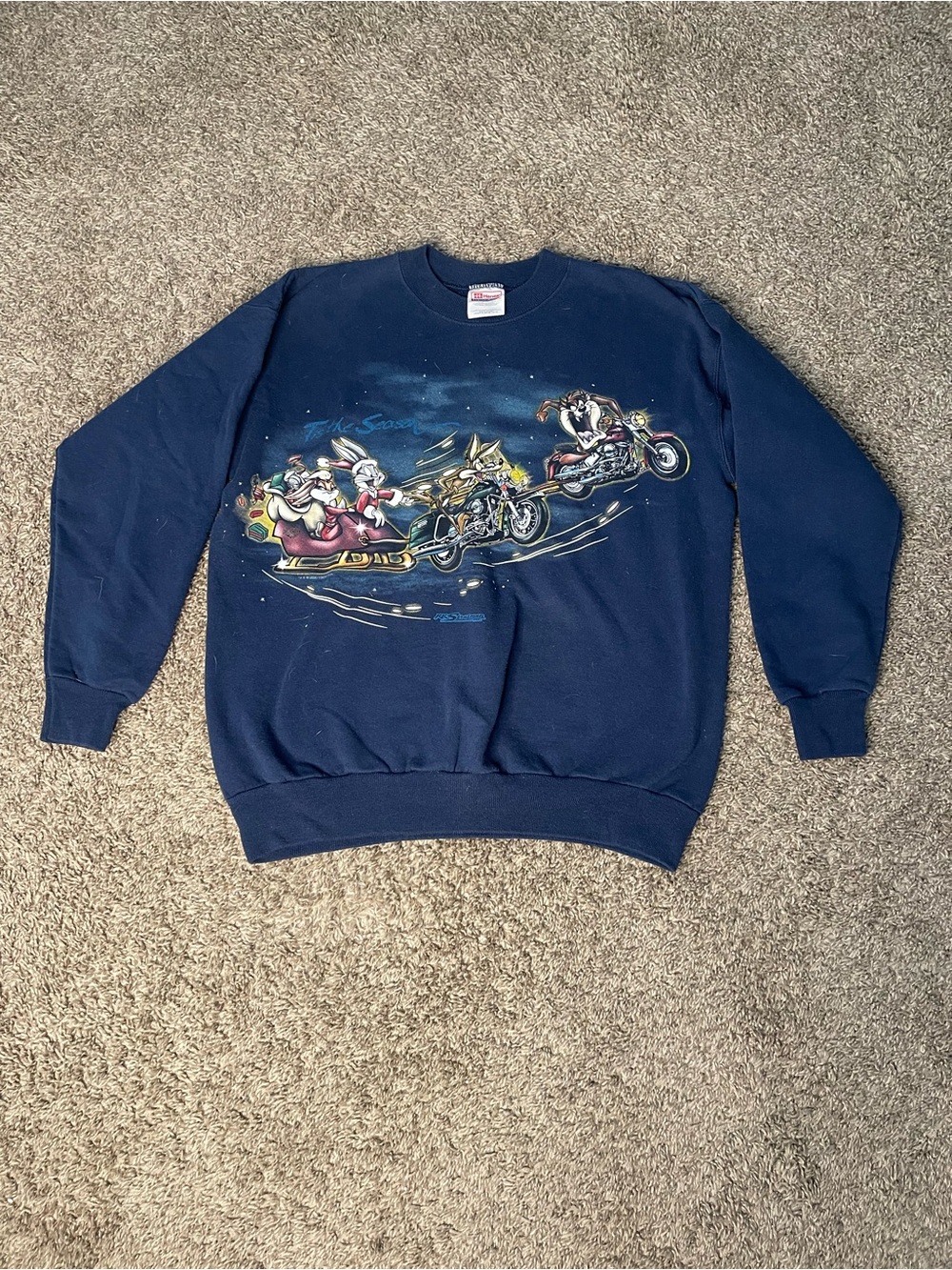 Vintage 2000 Looney Tunes Harley Davidson Warner Bros Christmas Sweatshirt Med.